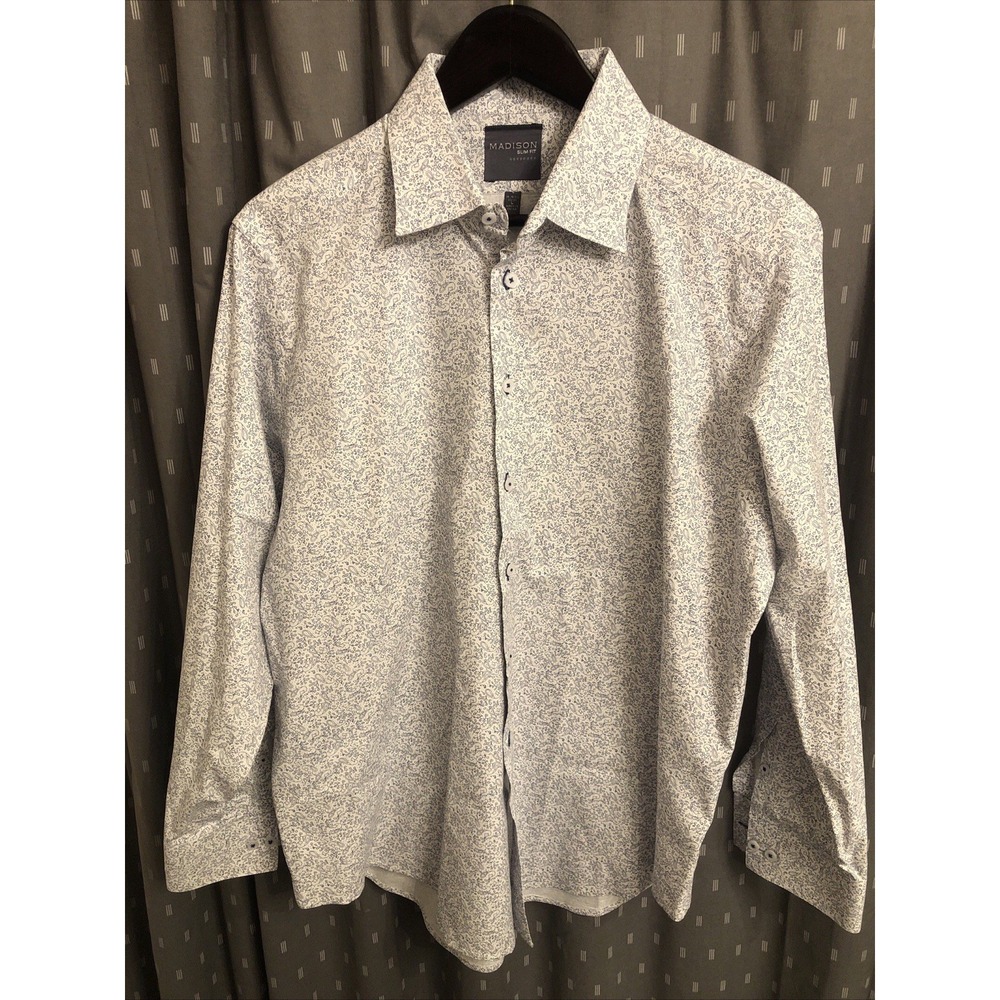 Madison Mens Slim Fit Button Down Shirt White Blue Micro pattern. 16/16.5 32/33